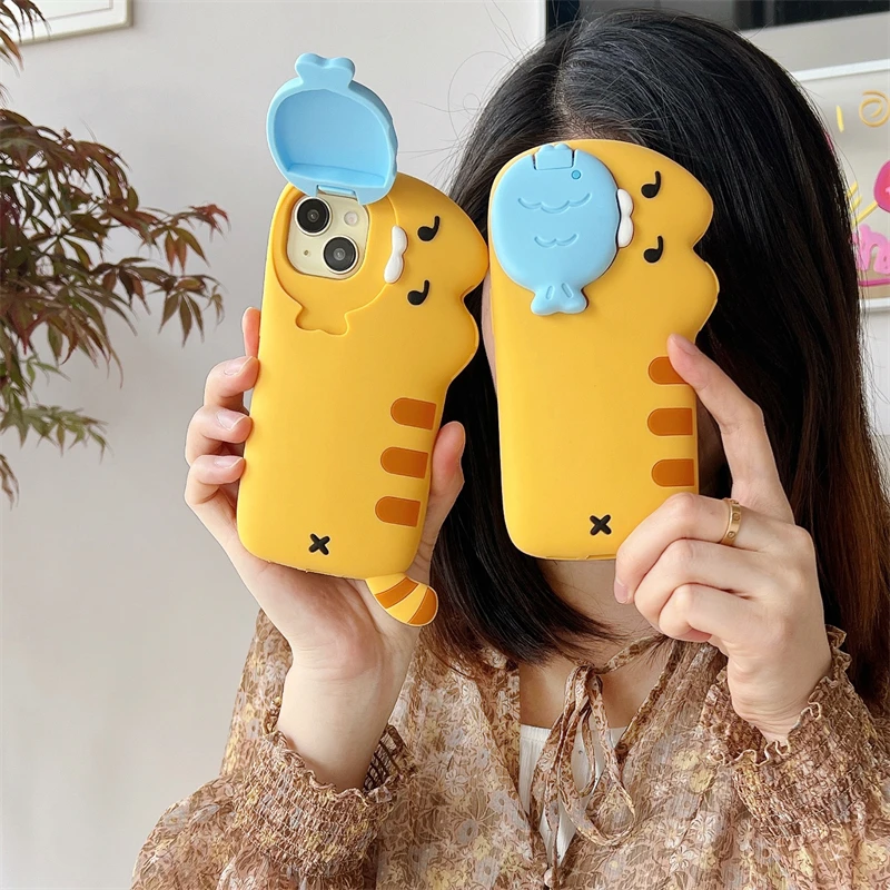 3D Cute Cat Eat Fish Silicone Phone Case For iPhone 17ProMax 17 16 15 14 13 12 Pro Max Funny Cartoon Camera Protection Cover