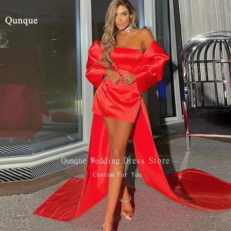 Qunque Red Off Shoulder Satin Short Prom Dress Customized Short Sleeves Evening Gowns Mini Back Bow Cocktail Homecoming Dress