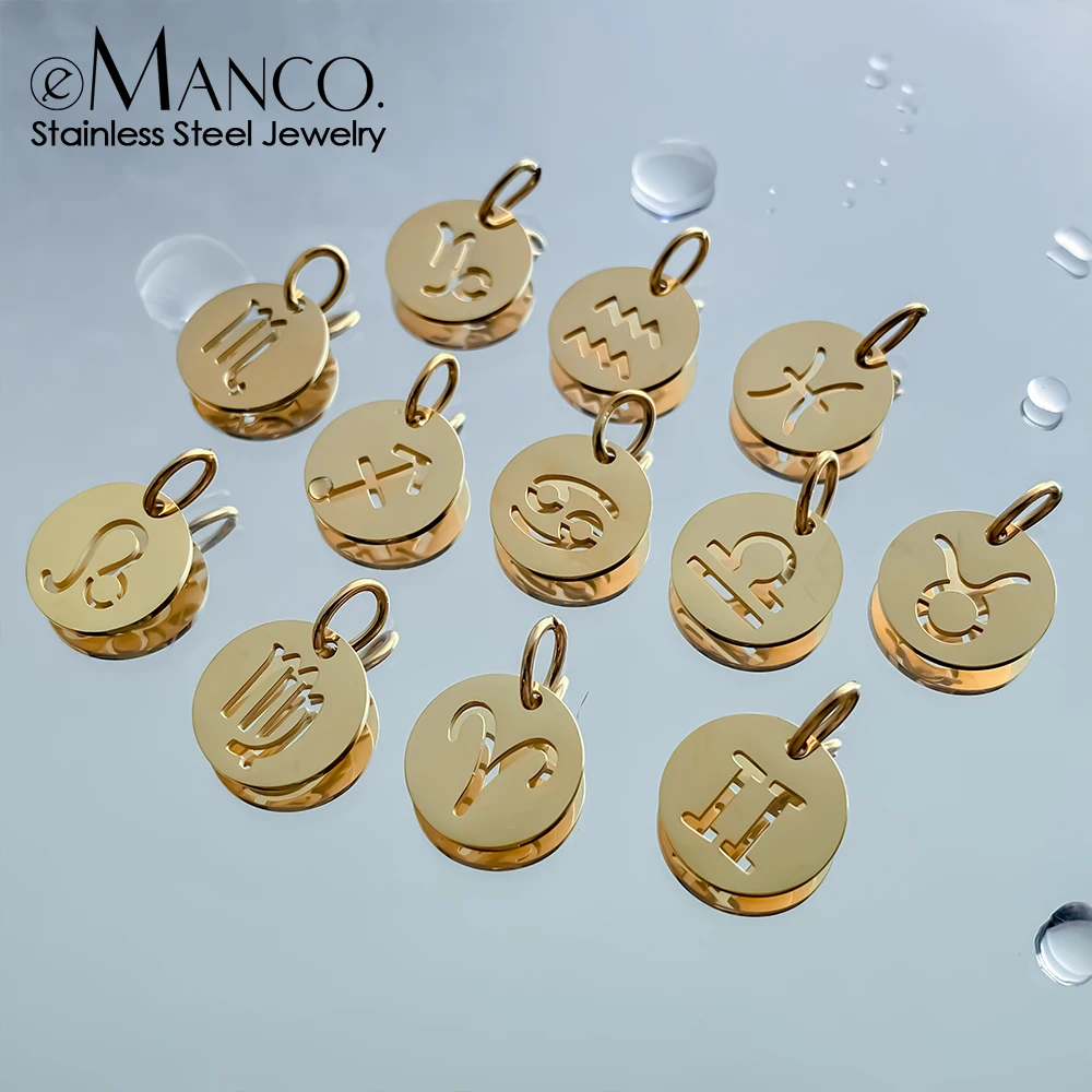 EMANCO  Diy Stainless Steel 12 Zodiac Sign Glossy Openwork Charms for Making Jewellery Design Bracelets Factory Direct