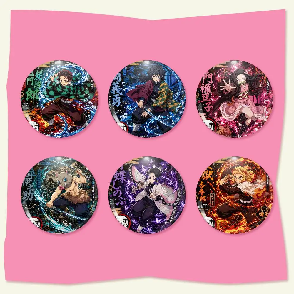 Demon Slayer Snap-in Pins Cartoon Character Round Creative Brooches for Backpack Accessories Jewelry Gifts