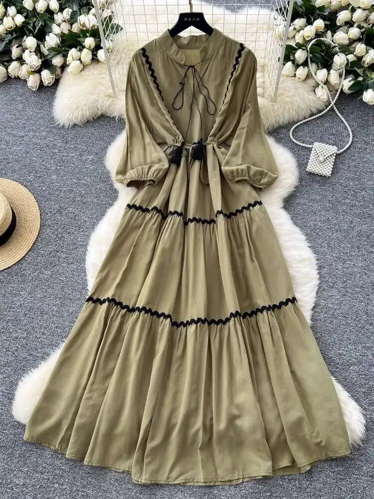 Französisch Frauen Vintage Kleid Welle Muster Verstärktes Laterne Hülse Strand Lange Kleider Damen Lose Frühling Herbst Lange Robe Vestidos