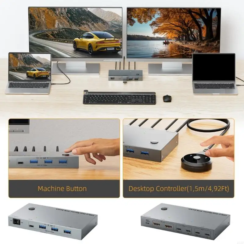 

KVM-переключатель 462E USB C, 80 Вт, зарядка для ноутбука, совместного использования 2 мониторов и 4 портов USB3.0