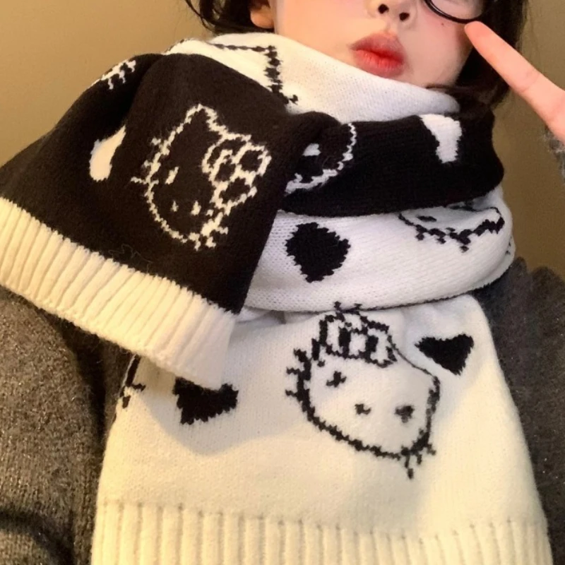 

Cute Hello Kitty Scarf for Women Fashion Charm Cartoon KT Cat Autumn Winter Warm Cold Protection Knitted Scarf Holiday Gifts