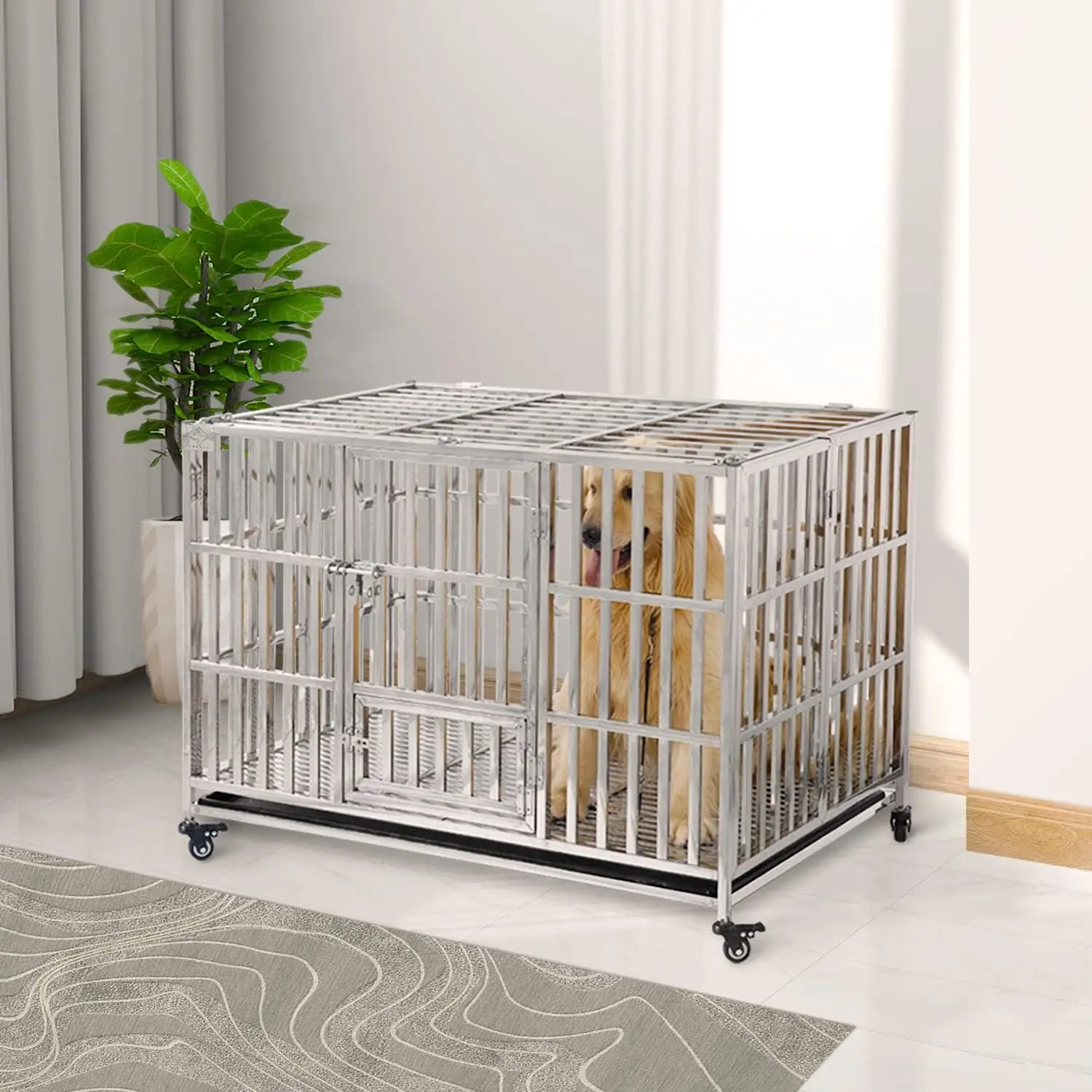 

48" Stackable Heavy Duty Dog Crate Pet Stainless Steel Kennel Cage for Large Dogs with Tray in-Door Foldable & Portable for Anim