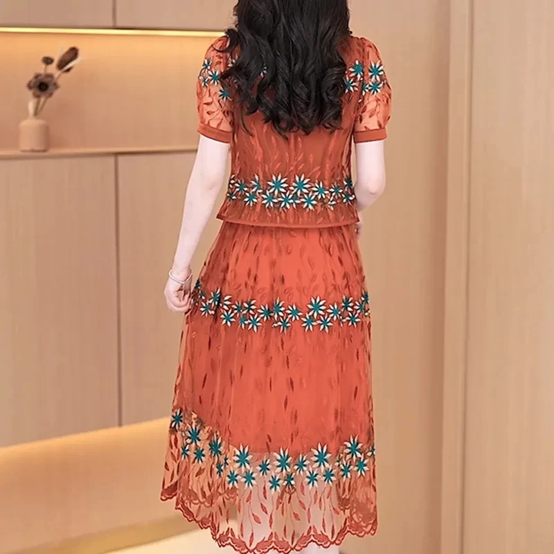 Two-piece Gauze Embroidered Dress Ladies 2024 Summer New Fashion Western Style Shawl Coat Cover Belly Slim Floral Skirt Trend