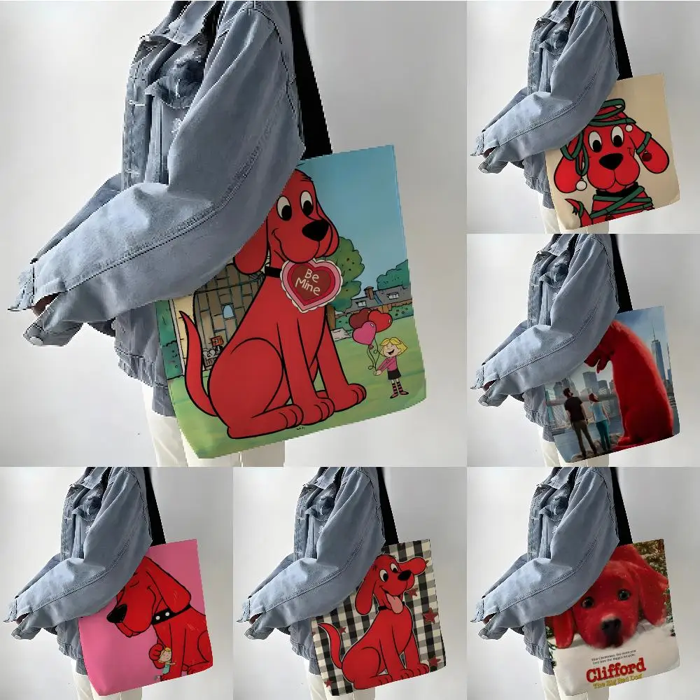 Storage Bags Linen Shopper Reusable Tote Grocery Storage Bag Portable Large Capacity Comic Cartoon C-Clifford the Big Red Dog 2