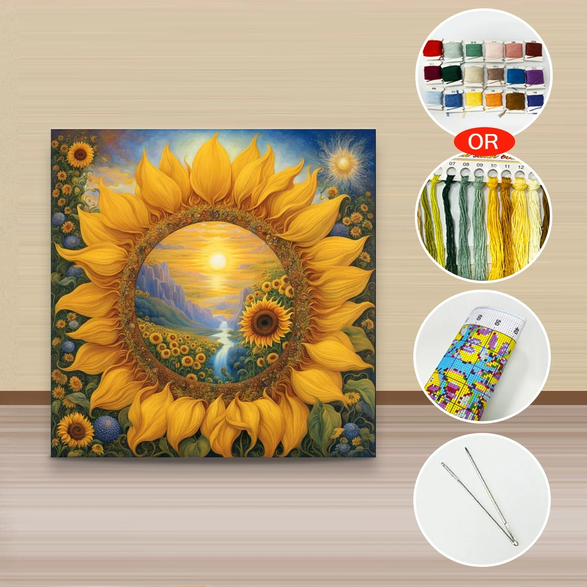 1 Stück 40x40 cm/15,74 Zoll, 11Ct/14Ct Kreuzstich-Set, DIY Valentinstagsgeschenk, Stickerei-Set für Festlichkeiten, Sonnenblumenkranz-Landschaft – Detail 3