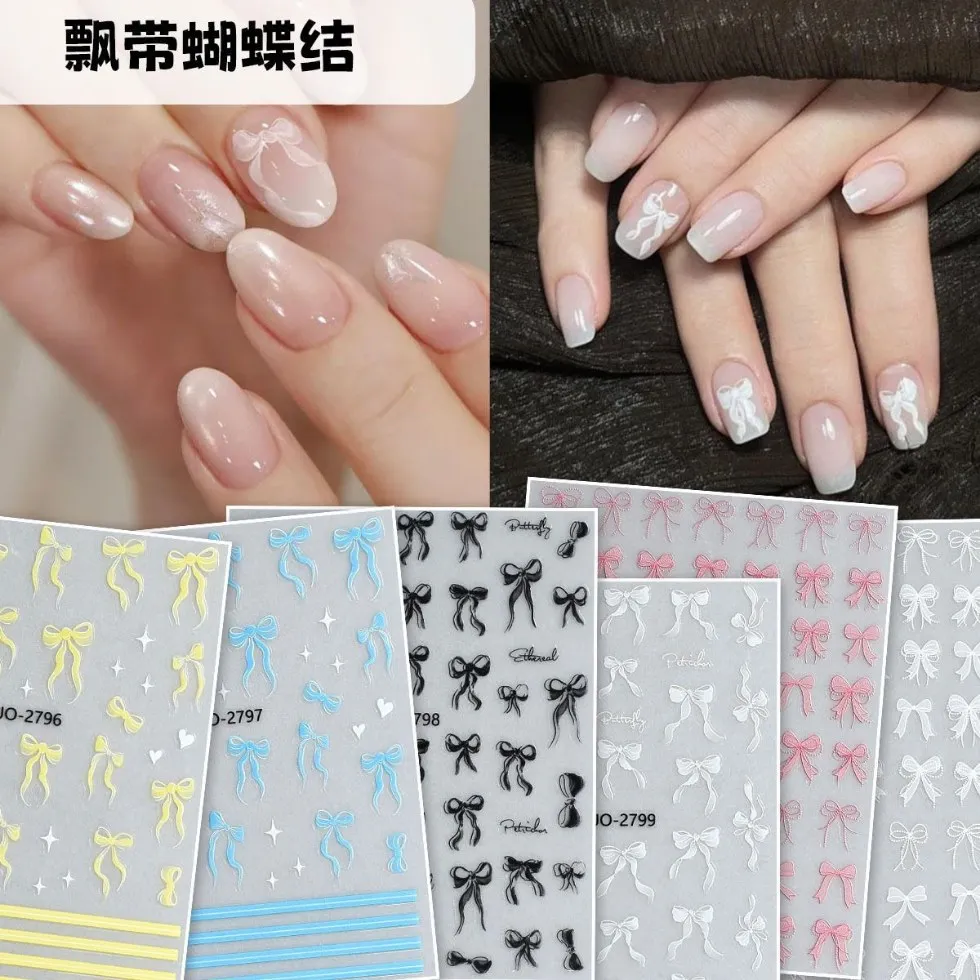 

Nail Stickers Mesh Ribbon Bow Sweet Pure Pink Blue Flowing Bow Waterproof Self Adhesive Premium for Home Party