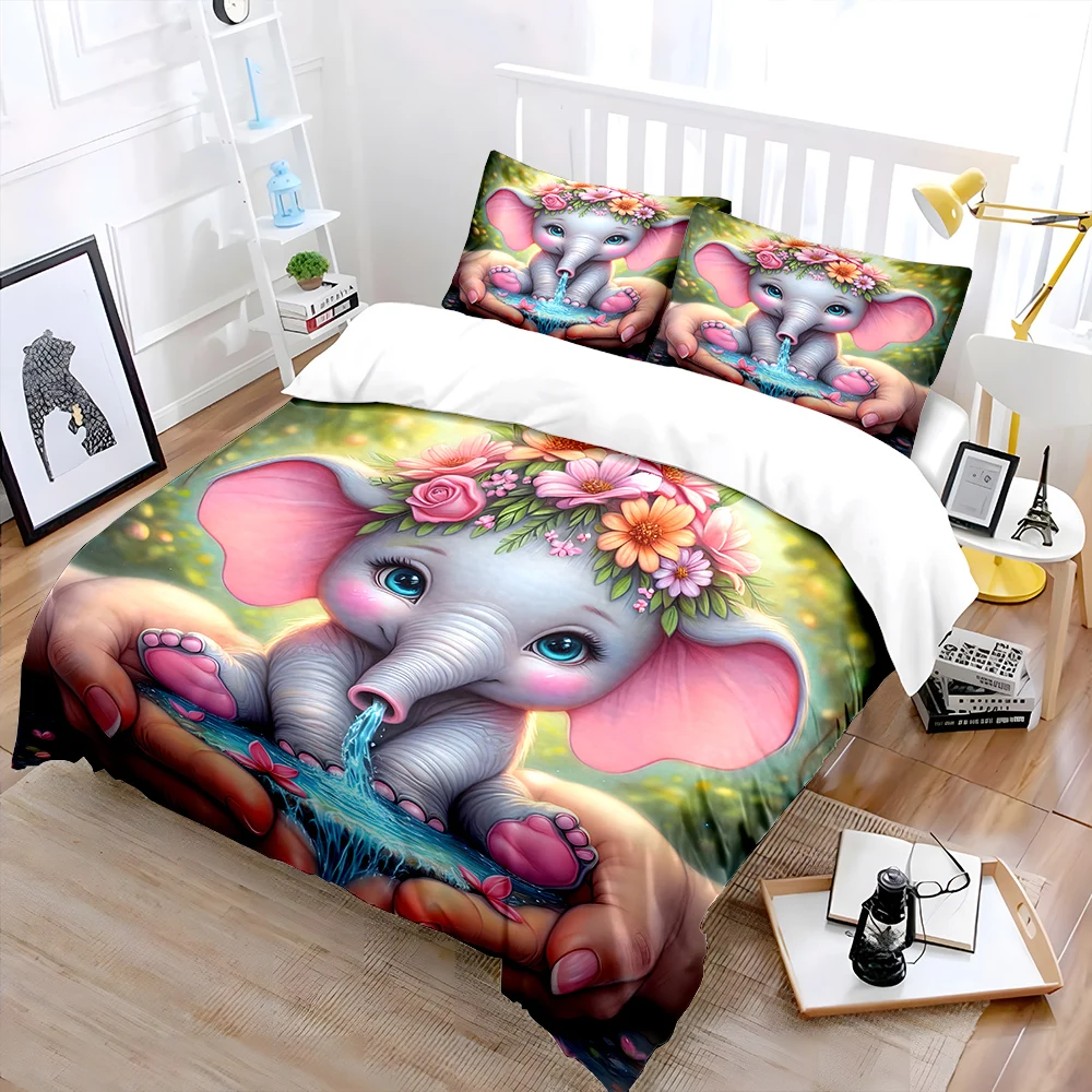 Floral elephant art scenery Pattern Duvet Cover Set Digital Print Colorful Polyester Bedding with Zipper Closur for kids gifts