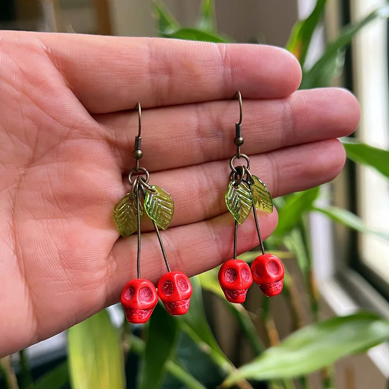 Gothic Skull Cherry Earrings For Women Fashion Pagan Witch Jewelry Accessories Gift Red Vampire Skull Green Leaf Ear Hooks Trend