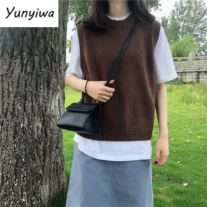 

Vest Women Autumn Korean Loose Preppy-style Sleeveless Sweaters Students Solid Simple Round-neck All-match Knitted Fashion Chic