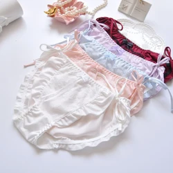 Women Milk Silk Sexy Lacing Strap Embroidery Underwear Cute Lovely Sweety Ruffle Bow Breathable High Stretch Panties Breifs