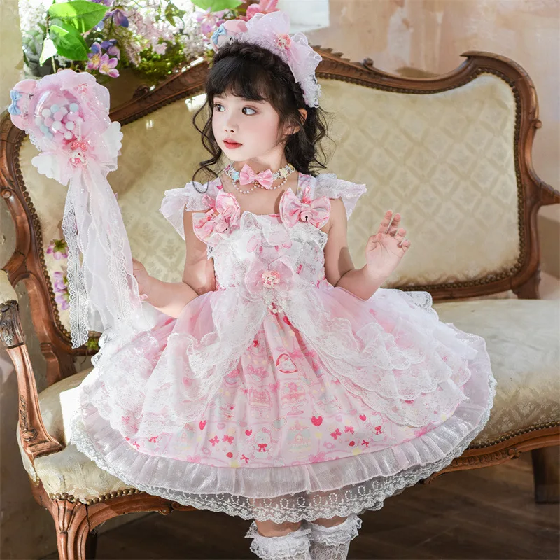 

My Melody Anime Girls Lolita Princess Dress Lace Party Outfit with Bow Decoration Ruffled Tutu Skirt Kids Princess Costume Gift