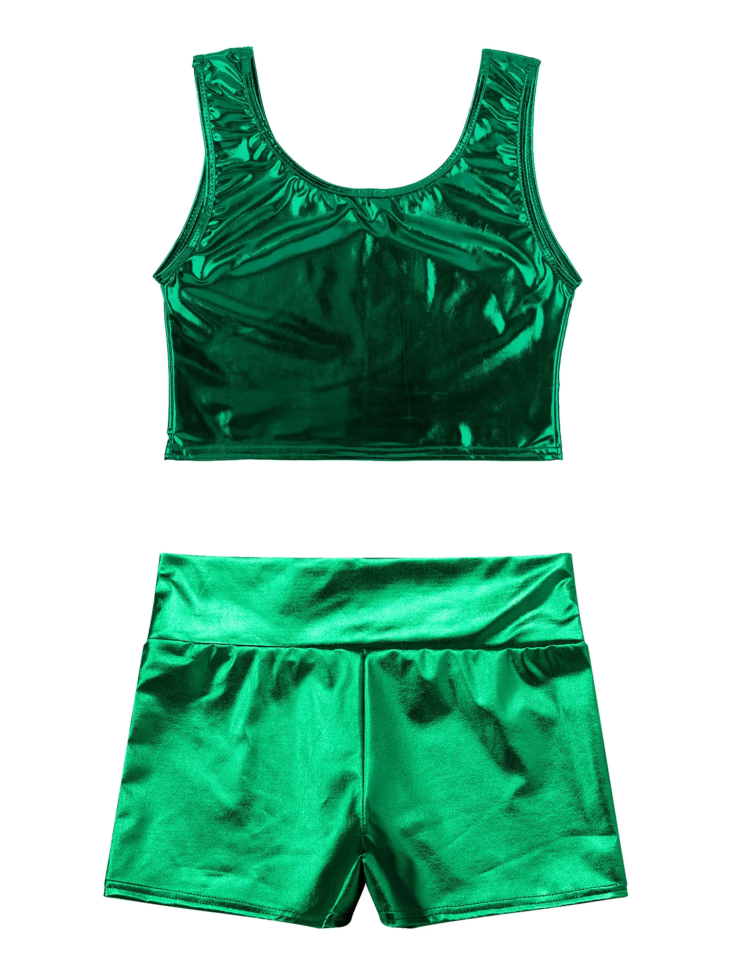 Womens Metallic Shiny Patent Leather Club Pole Dancing Outfits Scoop Neck Tank Crop Top Vest with High Waist Hot Pants Dance Set