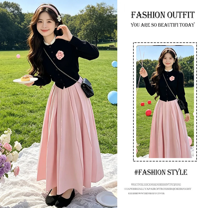 Elegant Black Cardigan Top And Pink  Skirt Set Fashionable Anti-Aging Small Fragrance Style Autumn New Arrival Women's Cl...