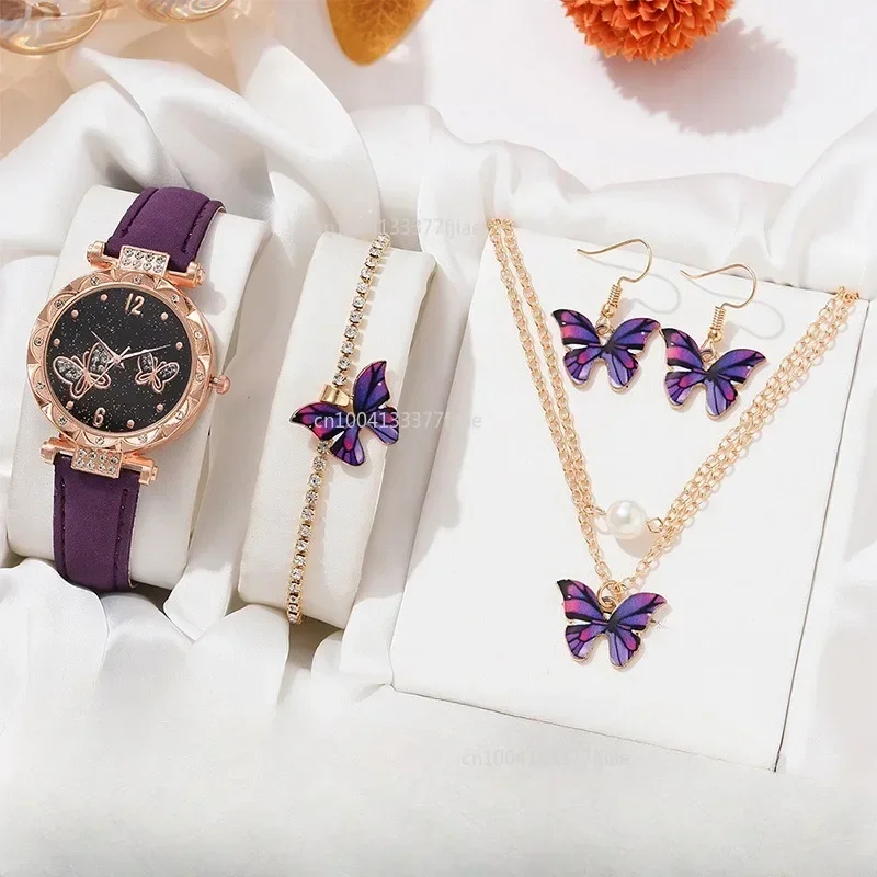 6/1pcs Set Women Watch Ring Necklace Earrings Bracelet Set Watches Butterfly Leather Strap Ladies Quartz WristWatch (No Box)