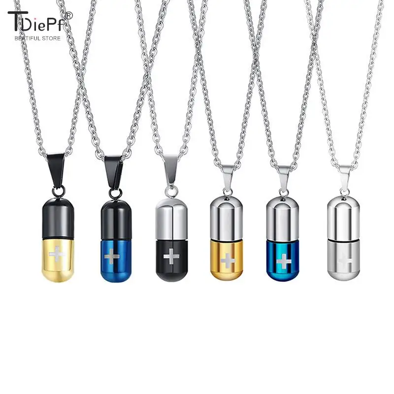 1PCS  Waterproof Pill Bottle Necklace Pendant Memorial Hollow Tube Stainless Steel For Men Women Jewelry Pill Bottle Case Holder