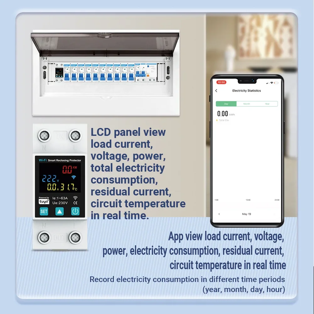 Tuya WiFi Smart Circuit Breaker With Power Metering 1P 1-63A Timer Power Voltage Current Voice Remote Control Switch LED Display