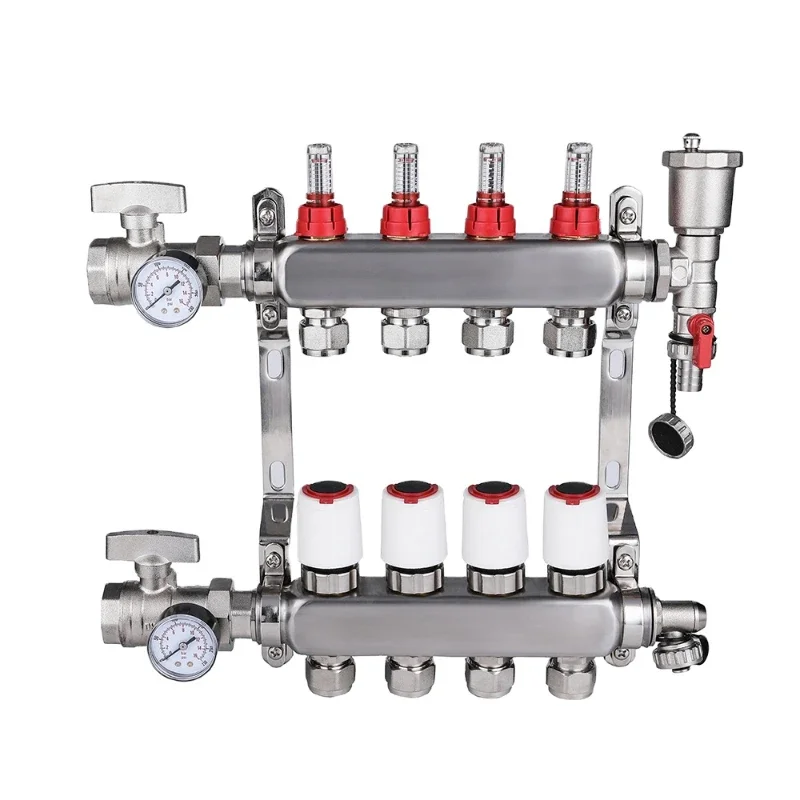 4-Branch PEX Stainless steel radiant underfloor heating flow meter manifold for 1/2