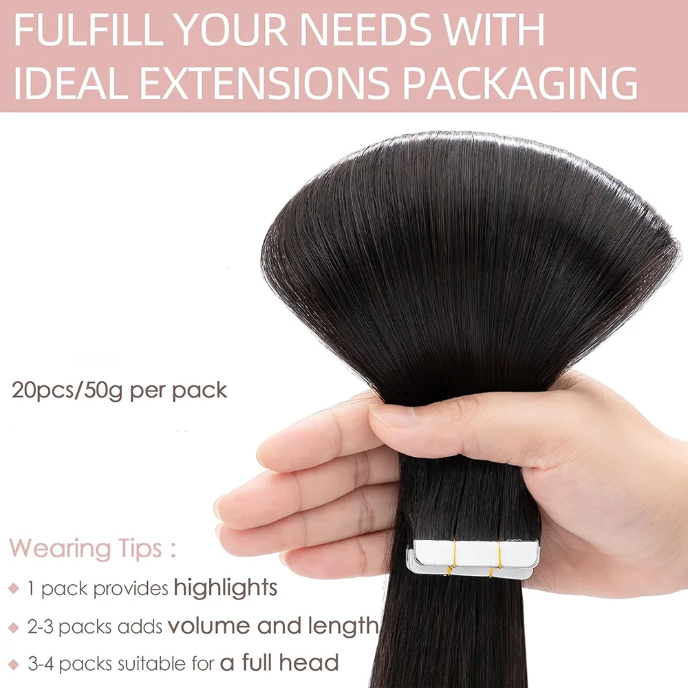 Tape in Hair Extensions Real Human Hair Straight Adhesive Invisible Tape Hair Extensions Natural Black 20Pcs 50G/Pack For Women