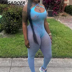 FAGADOER Sexy Thickened Lace Hollow Out Halter Bodycon Jumpsuits Women Sleeveless Backless Slim Playsuits Female Overalls 2024