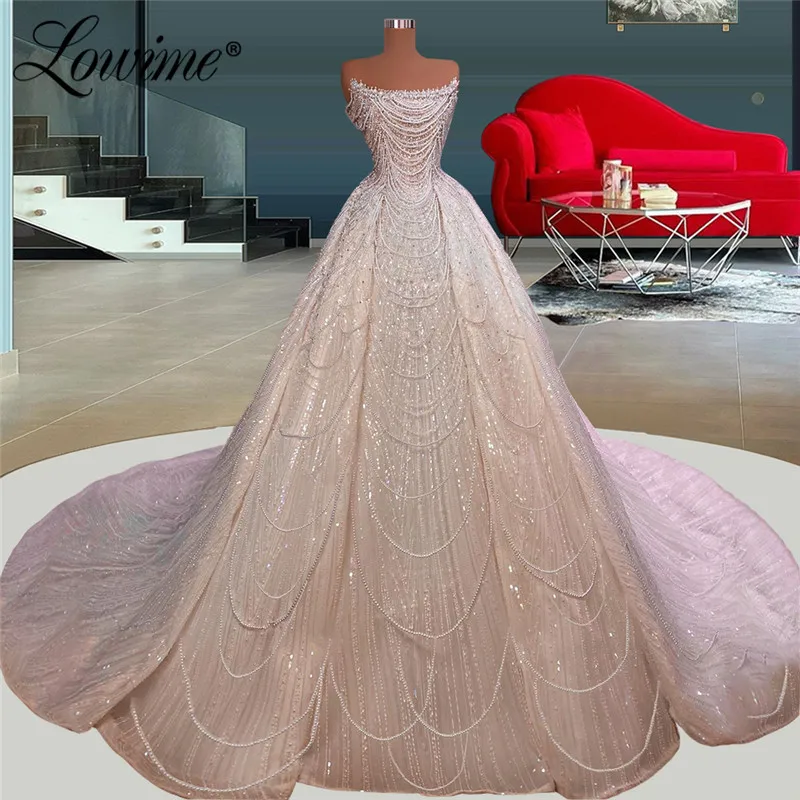 Luxury Puffy Long Prom Dresses 2022 Couture Beading Tassel Women Elegant Celebrity Dress Dubai Strapless Party Gowns For Wedding