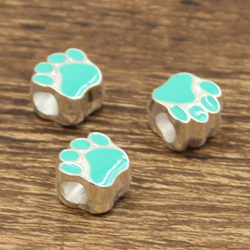 6pcs 11x7x11mm Dog Bear Cat Paw 5mm Big Hole Bead Charm Fits Bright Silver Color Drop Oil Fit European Bracelets Wholesale