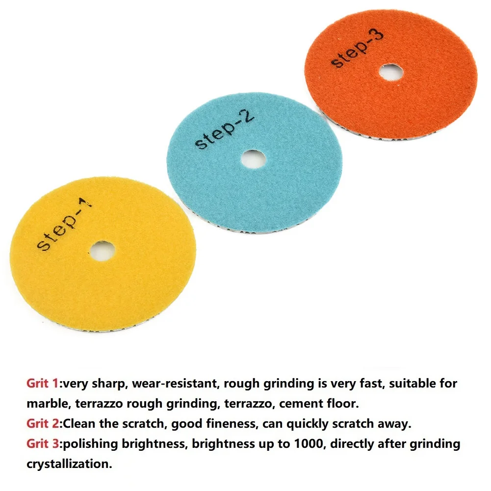 3PCS Polishing Pads 4 Inch 100mm Dry/Wet Diamond+Resin Powder 3 Step Polishing Pads Granite Ceramic Concrete Abrasive Tool