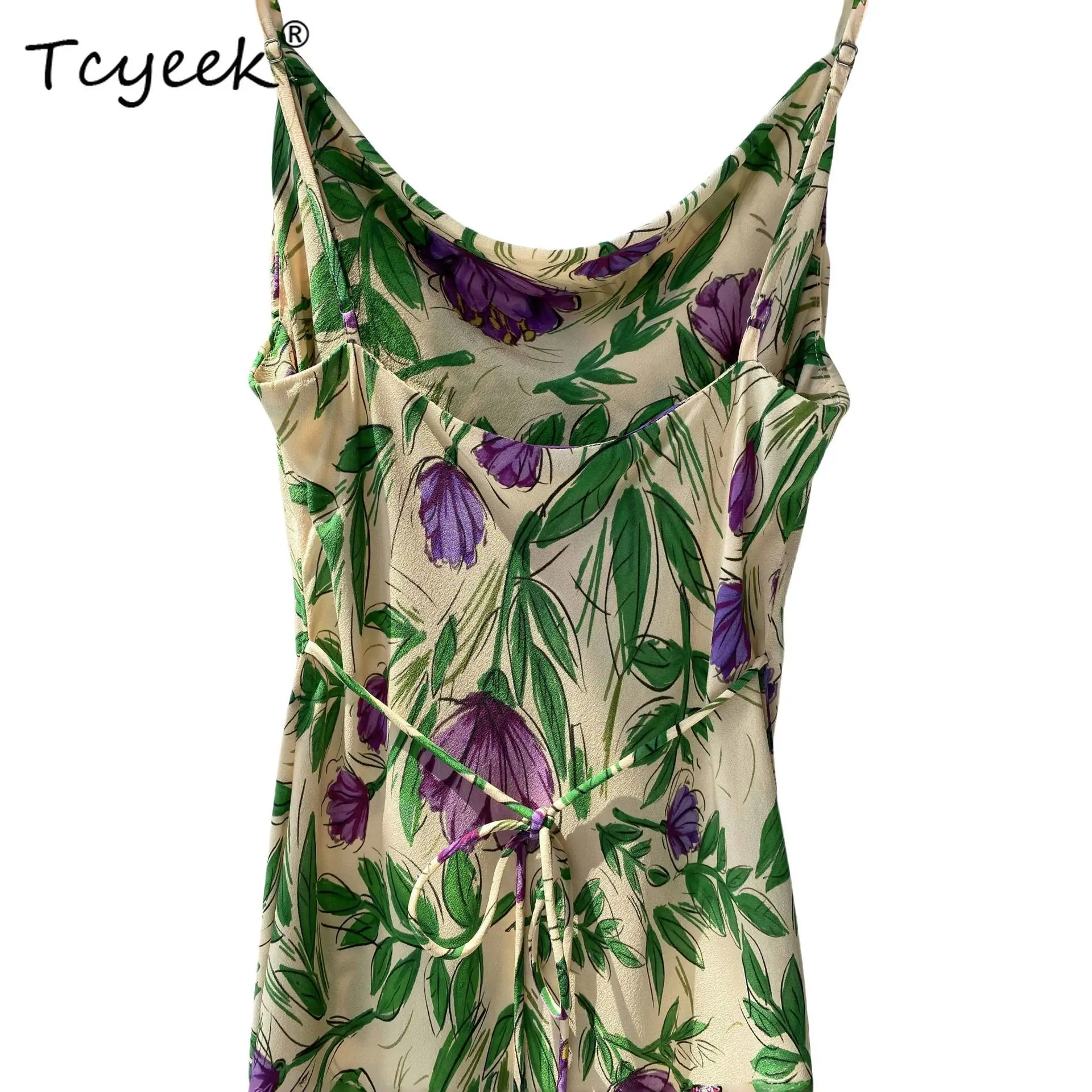 

Tcyeek, платья из 100% натурального шелка 17 мм, женские платья на тонких бретельках с цветочным принтом, элегантное праздничное платье для отпуска, лето-осень D47540QM