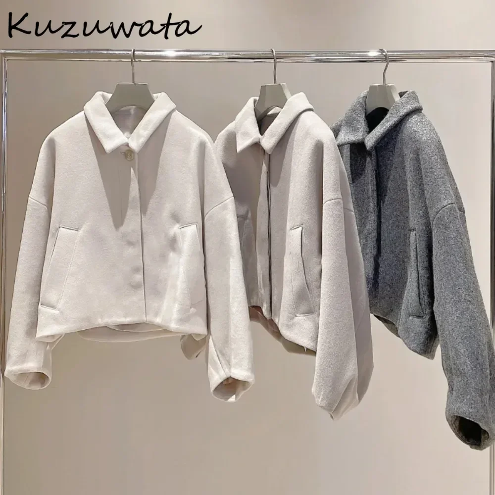 Kuzuwata Solid Simple Vintage Turn-down Collar Blends Wool Loose All-match Short Small Fellow Jacket Japan Casual Luxury Outwear