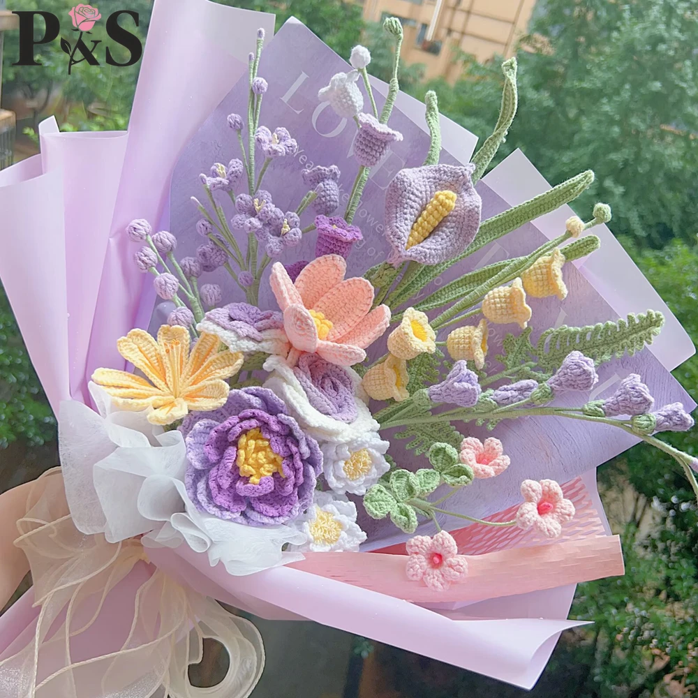 

Вязаный крючком букет цветов с оберточной бумагой, искусственный цветок ручной работы, домашний декор, подарки для мамы, любовника, друзей, дня рождения, свадьбы