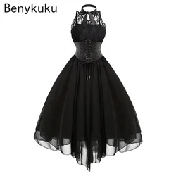 Victorian Gothic Punk Vintage Halter Dresses 2026 Women Black Sleeveless Cross Back Retro Lace Panel Corset Swing Party Dress
