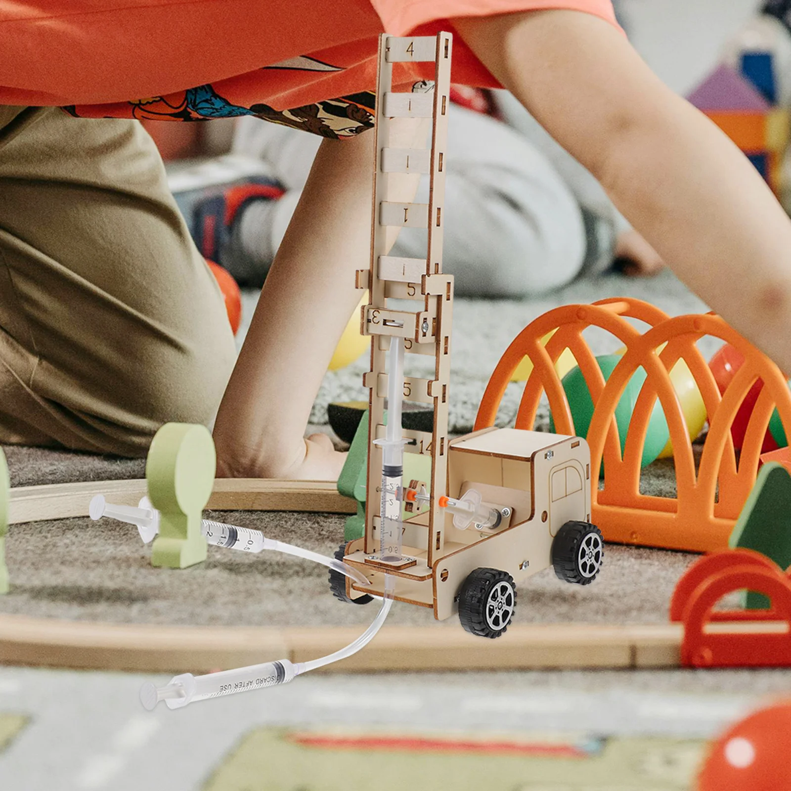 مجموعة واحدة من شاحنة سلم الحريق غير المكتملة، مجموعة تجربة علمية تعليمية خشبية يمكنك صنعها بنفسك للأطفال، شاحنة إطفاء محمولة قابلة للفصل #4