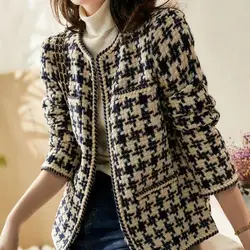 Vintage Early Autumn Tweed Women Jacket ins Style Elegant Gentlewomen Black White Tweed Lady Winter Cardigan Outwear Outwear