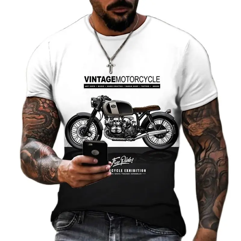 T-shirt oversize manica corta da uomo estate 2023 t-shirt O collo stampata in 3D con stampa moto alla moda