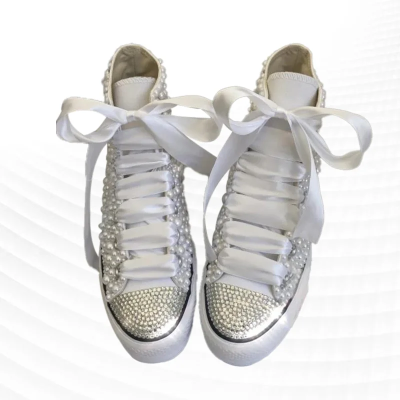 Thick-soled white high-top stitching pearl ribbon canvas shoes comfortable sports handmade rhinestones Vulcanized shoes 35-46