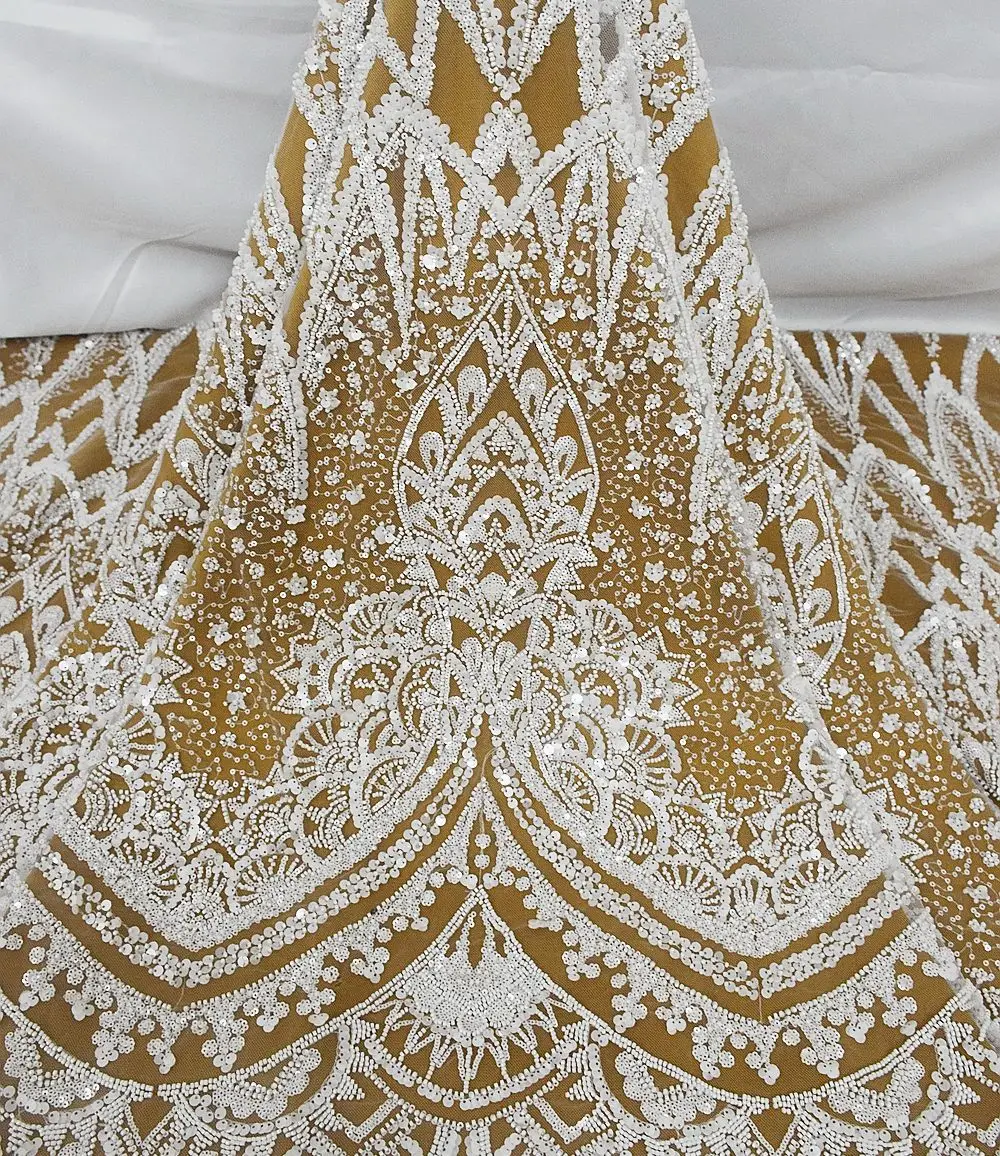 High-End White Bridal Tulle Lace Embroidery Wedding Dress With Luxury Beads Sequin Fabric Free Shipping 5 Yards HY1957