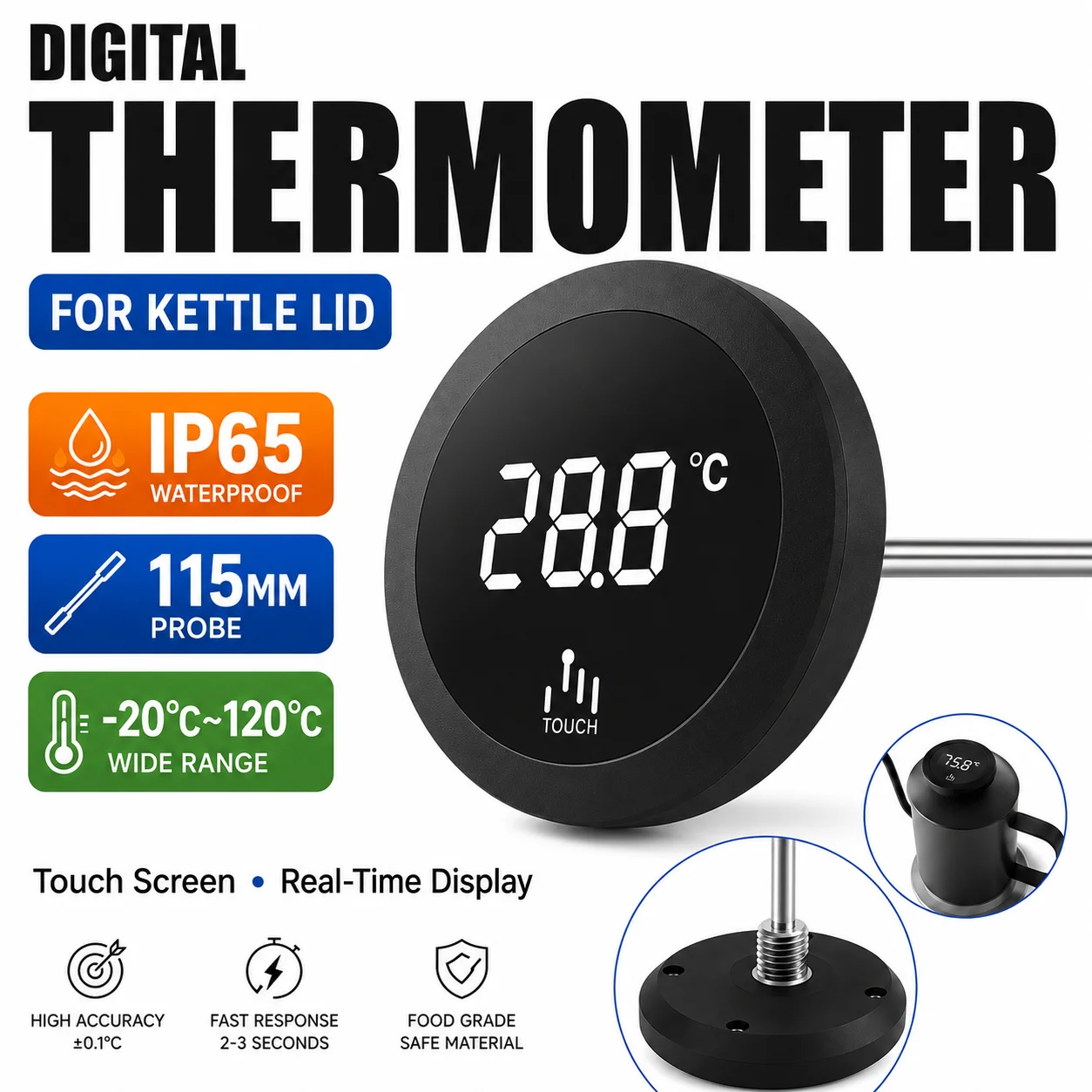 IP65 Waterproof Digital Kettle Lid Thermometer Touch Screen LCD with 115mm Stainless Steel Probe for Coffee Tea Milk Water