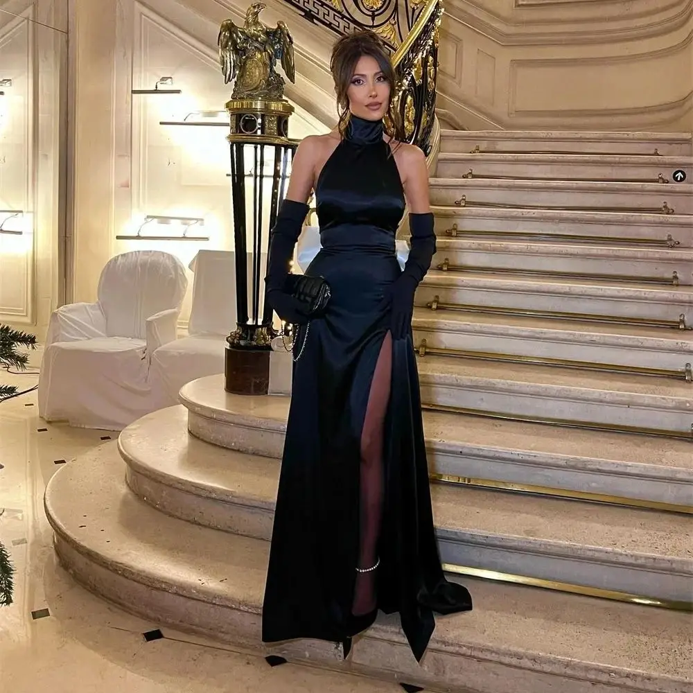 

Black Slit Party Long Bespoke Occasion Gown Evening Dresses Pastrol Unisex Jersey Retro Dubai Saudi Arabic Prom Customized
