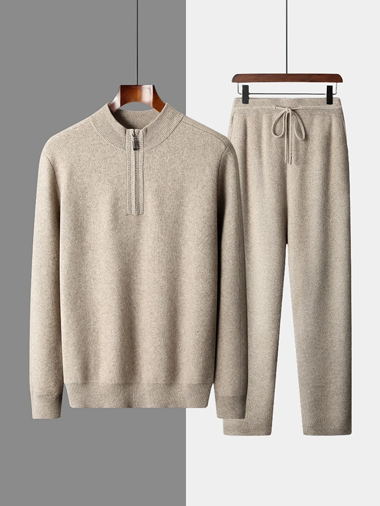 100% Cashmere Sweater Suit Men Mock Neck Zipper Pullover Cashmere Pants Autumn Winter Thick Cashmere Knitwear Trousers and Tops