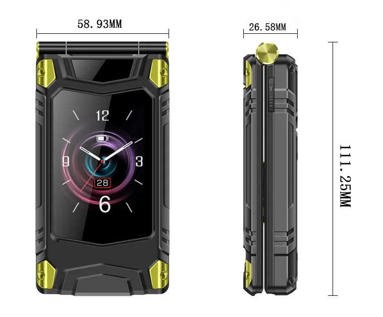 2G Outdoor Folding Senior Phone With Strong Battery Two Big Display Dual Sim Large Button SOS Key Speed Dial Loud Voice Phone