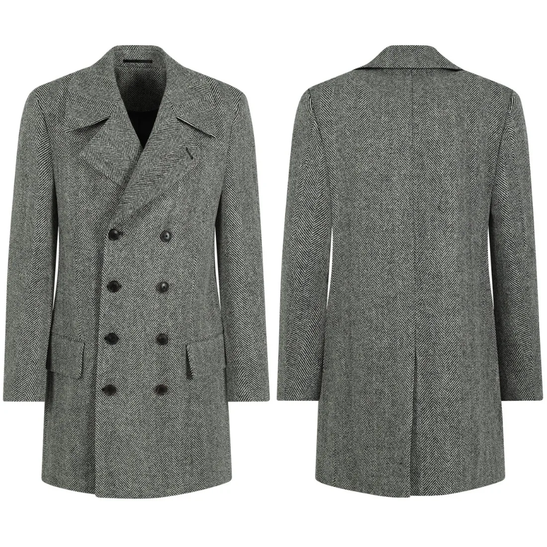 Business Herringbone Overcoat Notch Lapel Double Breasted Fit Elegant Knee Length Coat Customized Men Winter Outerwear