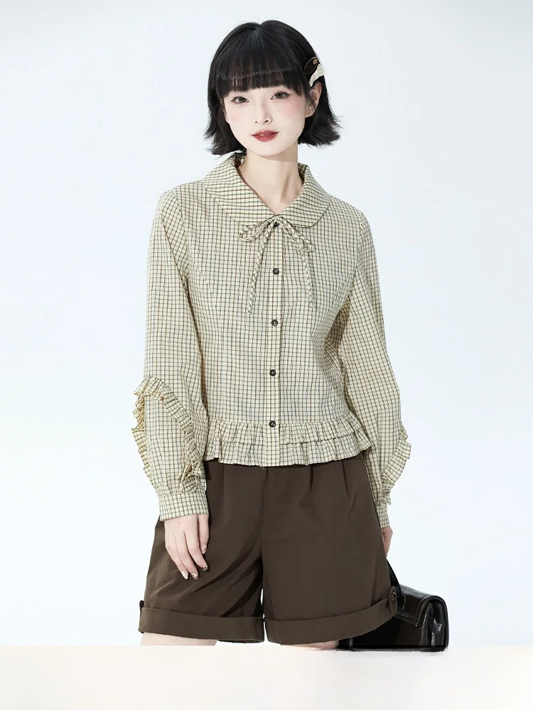 

Женская свободная блузка с длинными рукавами, бантом и кружевным подолом, оригинальный дизайн, полиэстер, рукава-фонарики, осенняя мода