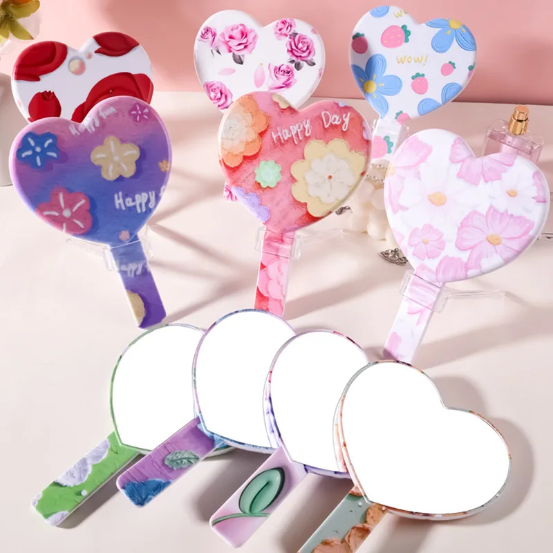 Flower Love Mirror Portable Handheld Mirror Girls Dorm Makeup Mirror Plastic Desktop Desktop Small Mirror