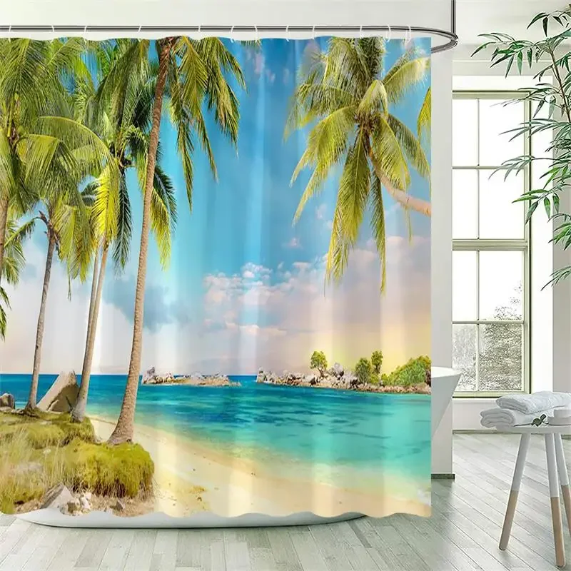 Ocean Landscape Shower Curtain Beach Palm Trees Parrots Dolphins Sea Waves Nature Scenery Bath Curtains Fabric Bathroom Decor