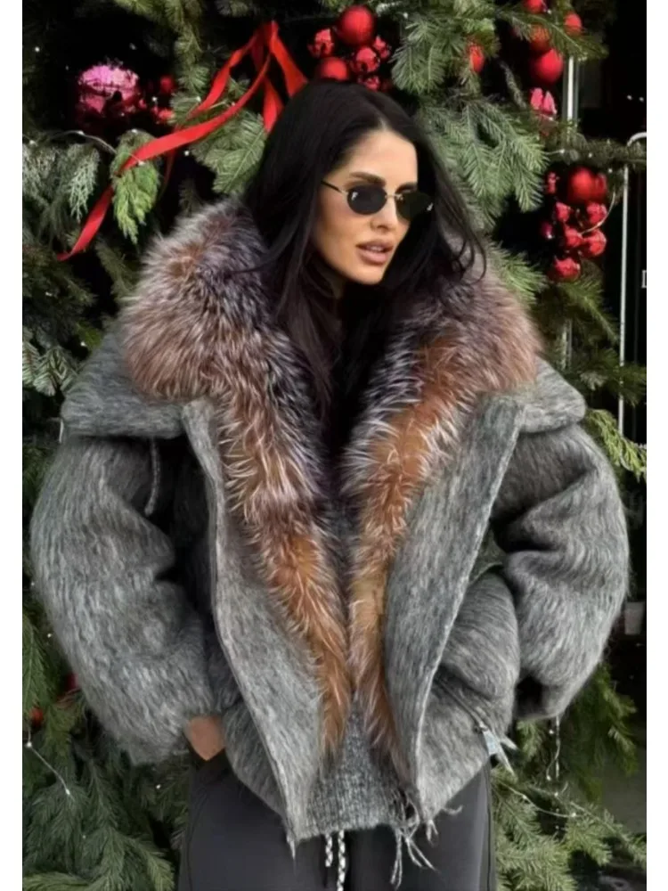 2026 New Winter Fashion Wool Coat Splicing Goose Down Jacket Lining with Oversized Fox Fur Collar Thick Warm Women's Coat
