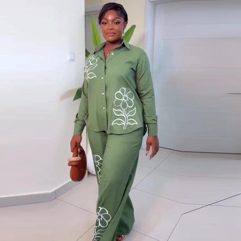 Elegant African Fashion Women Pants Set Flower Embroidery Loose Shirt and Wide Leg Pants Set