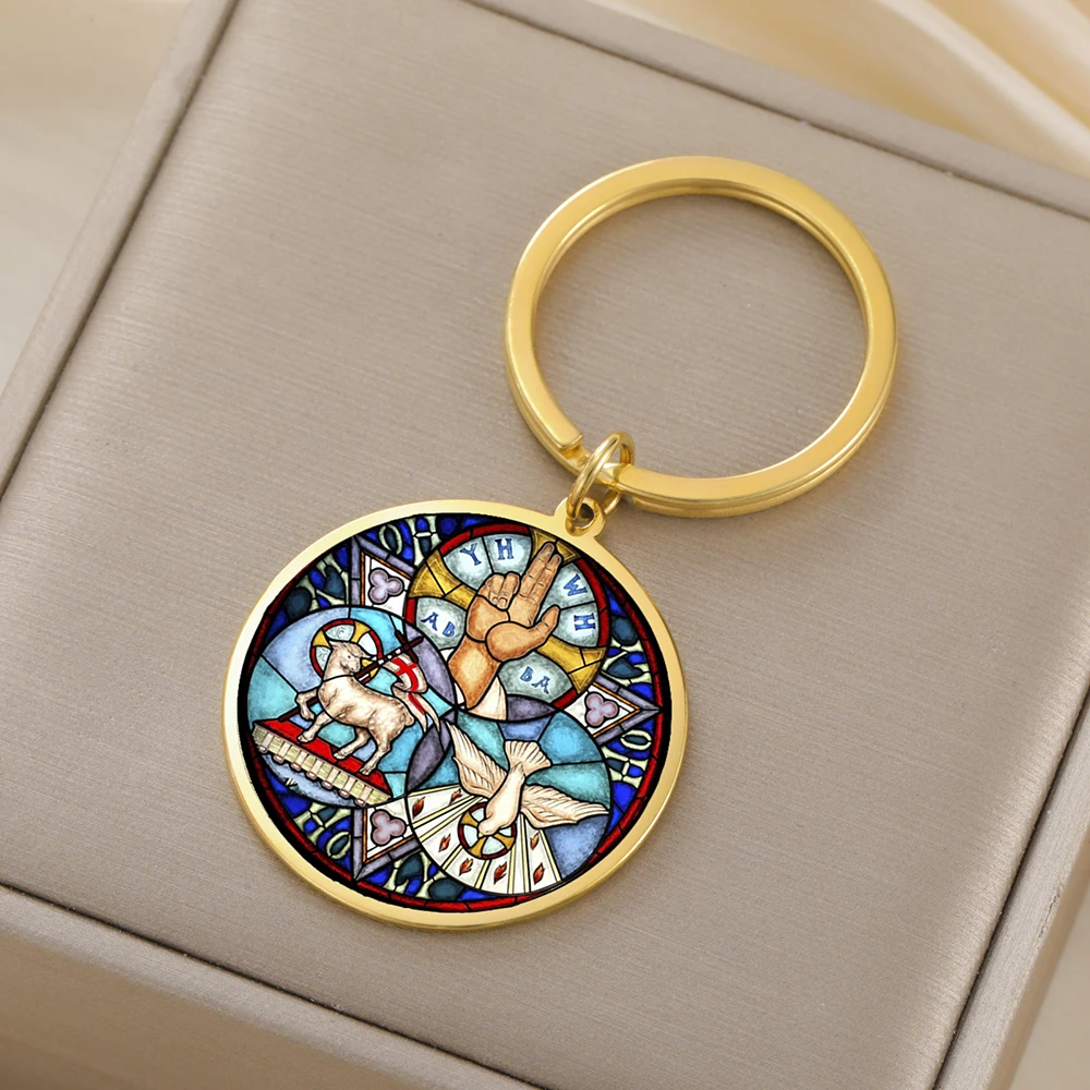 Dawapara المقدسة الثالوث Trindade قلادة درع من الثالوث المفاتيح مجوهرات الحماية المسيحية الفولاذ المقاوم للصدأ كيرينغ