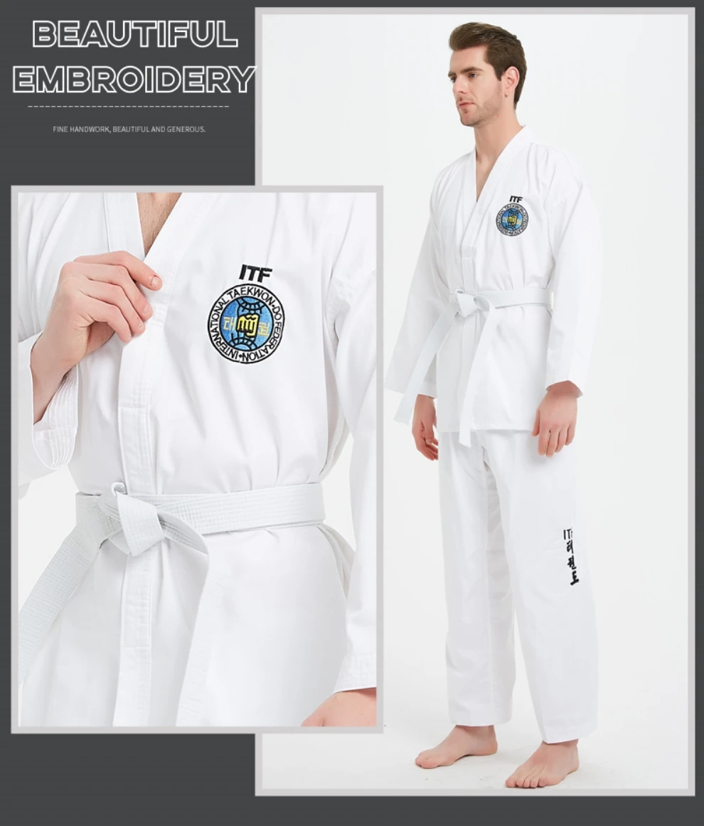International Version of Taekwondo Uniform Itf Student Model, Made of Polyester-Cotton Material, Comfortable and Breathable, Suitable for Adults and Children, Special for Competition and Training, with Letter Embroider