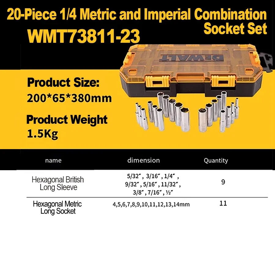 DEWALT DWMT73811 Drive Deep Combination Socket Set met stapelbare behuizing 20 stuks 1/4" Drive Metrisch/SAE booradapteraccessoires